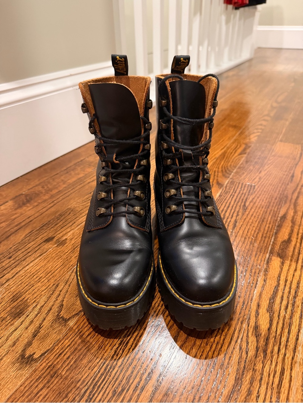 Dr. Martens Black Leather Lace-Up Platform Boots with Tan Collar